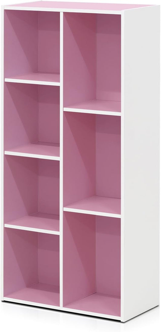 Furinno LUDER Book Shelf, 7-Cube Bookshelf, Bookcase, 9.4 x 19.5 x 41.7, for Living Room, Bedroom, Home Office, White/Pink
