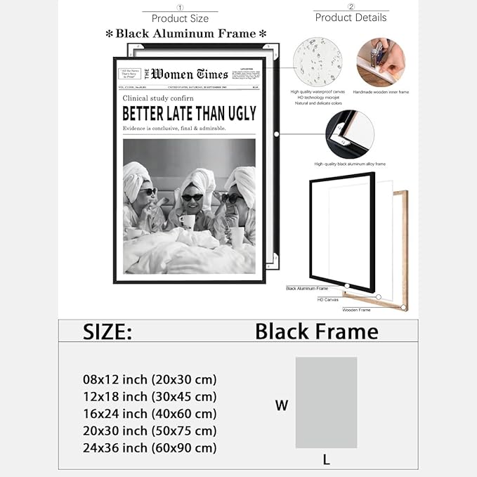 Generic Vintage Women Times Black and White Newspaper Wall Art Poster Better Late Than Ugly Funky Feminist Posters Trendy College Wall Decor for Bar Cart Girl Dorm Room 12x16 inch Black Framed
