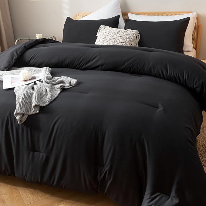 ROSGONIA Oversized King Comforter Black, 3pcs(1 Boho Comforter & 2 Pillowcases) Soft Lightweight Oversized King Size Comforter Sets All Season Bedding