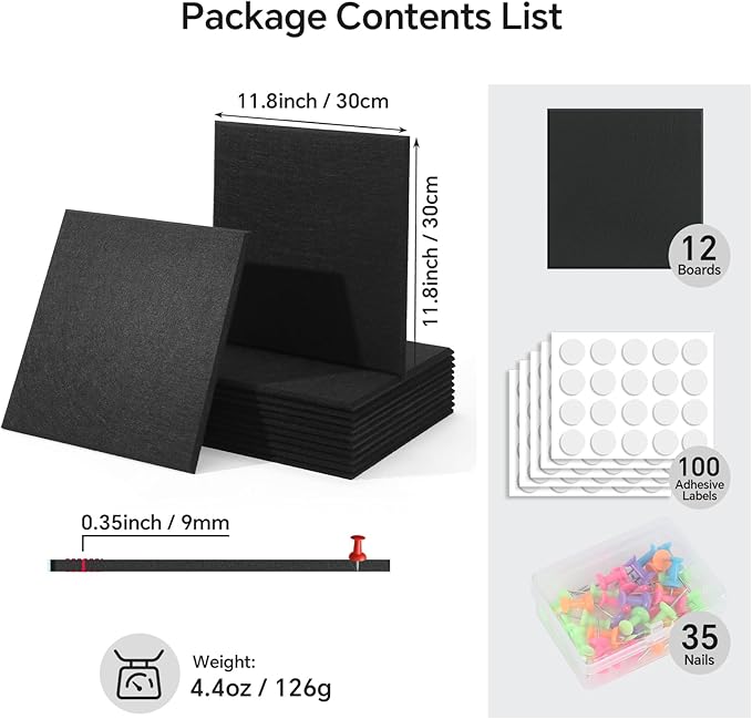 Felt Bulletin Board 48 x 36 Inches - 12 Pack Black Felt Wall Panels for Office Storage, pin Boards for Walls Office Decor Wall Organizing Rack (Black)
