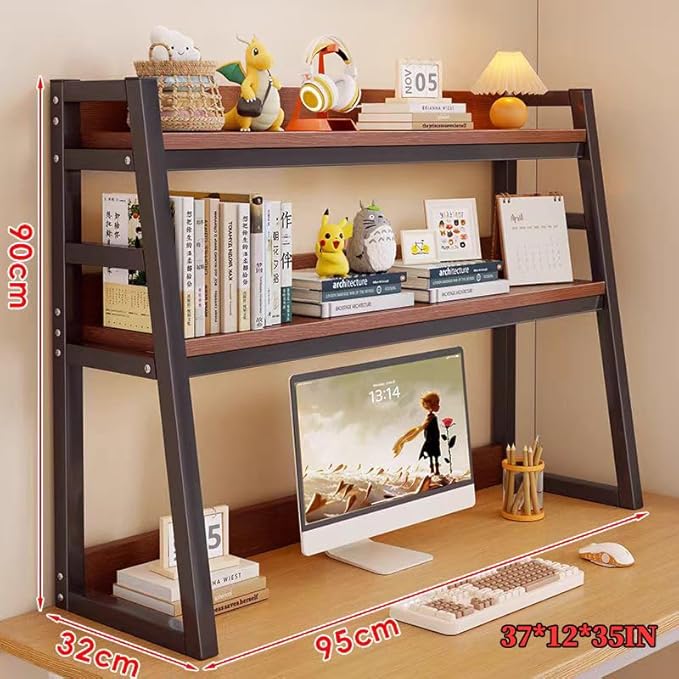 2-Tier Desktop Bookshelf, Wood Hutch Shelf Organizer, 29.9 x 12.6 x 35.4 inches, Study Room Storage Rack (Black, 37 * 12 * 35in)