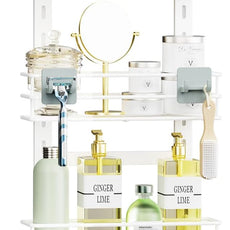 Orimade 4 Tier Adjustable Anti-slip Shower Caddy Over Shower Head, Rustproof Bathroom Hanging Organizer With 4 Hooks for Razor, No Drilling Shower Shelves Storage Rack, White