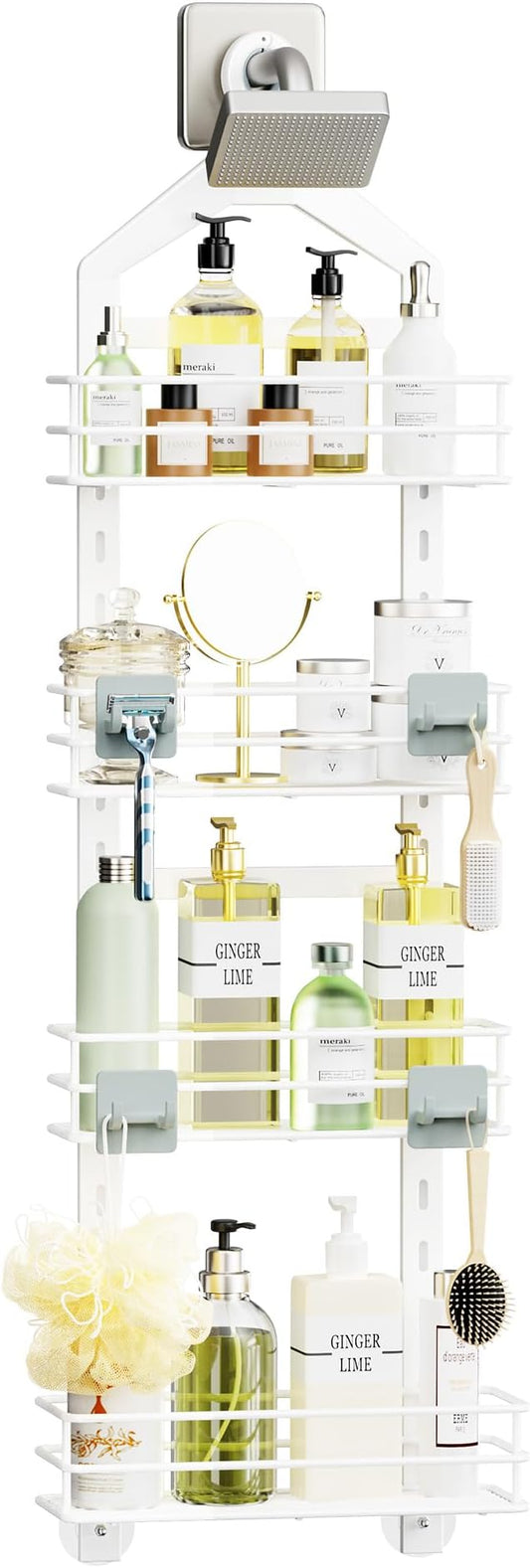 Orimade 4 Tier Adjustable Anti-slip Shower Caddy Over Shower Head, Rustproof Bathroom Hanging Organizer With 4 Hooks for Razor, No Drilling Shower Shelves Storage Rack, White
