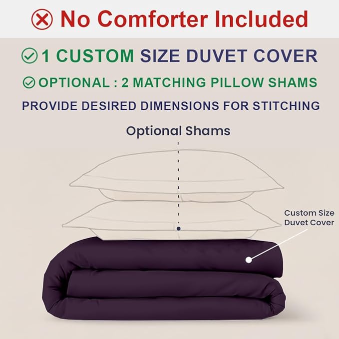Kotton Culture Custom Duvet Cover - 100% Egyptian Cotton Sateen 600 Thread Count Ultra Soft Breathable Durable Customizable Comforter Cover(Desired Dimensions)- Zipper Closure & 7 Internal Ties - Plum