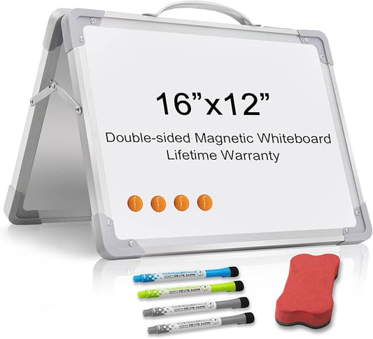 Small Dry Erase White Board 16"X12" Double-Sided Magnetic Portable White Board Desktop Foldable Tabletop Whiteboard Easel for Home, Office, Classroom