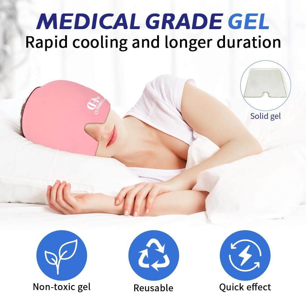 Migraine Relief Cap, Soothing Headache Ice Face Mask Products, Hot and Cold Therapy, Migraine Headache Relief Cap for Migraine, Sinus, Puffy Eyes, Tension, Stress and Hangover(Pink)