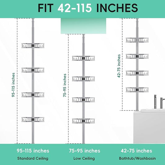 HEVEL Corner Shower Caddy Tension Pole, 4 Tier Adjustable Shower Organizer Corner 62-115 Inch, Rustproof Bathroom Shower Shelves for Bathtub Storage,Silver