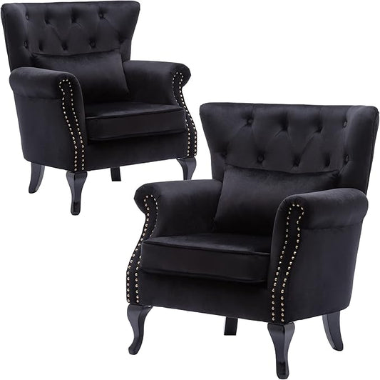 Set of 2 Mid-Century Modern Accent Chair, Velvet Armchair w/Tufted Back/Wood Legs, Upholstered Lounge Arm Chair Single Sofa for Living Room Bedroom, Black