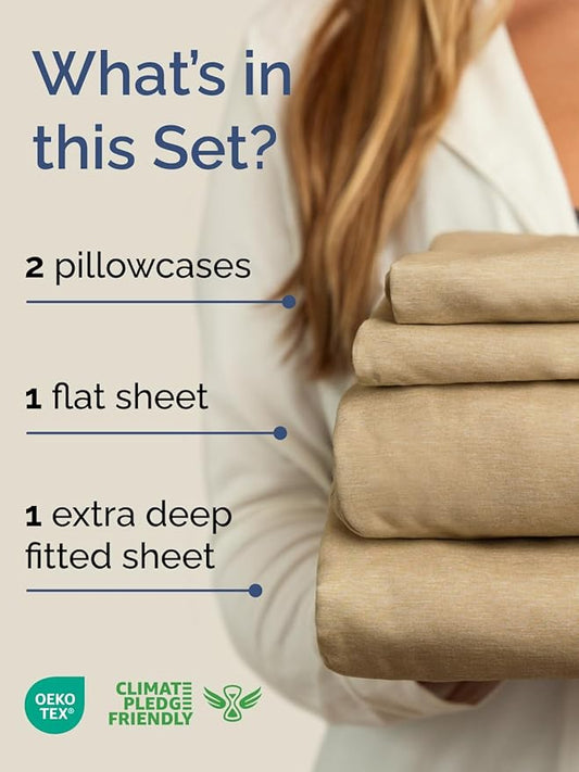Extra Deep Pocket Queen Sheet Set - 4 Piece Breathable & Cooling Bed Sheets - Hotel Luxury Sheet Set - Soft, Wrinkle Free & Comfy - Easily Fits Extra Deep Mattresses - Deep Pocket Heathered Tan Sheets