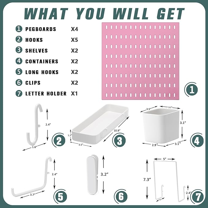 Pegboard Combination Kit, Wall Mounted Storage Set with 4 Pegboards & 14 Accessories Hanging, Pink Peg Boards Organizer for Walls Display, Crafts Organization, Kitchen Organizer, 22" x 22"