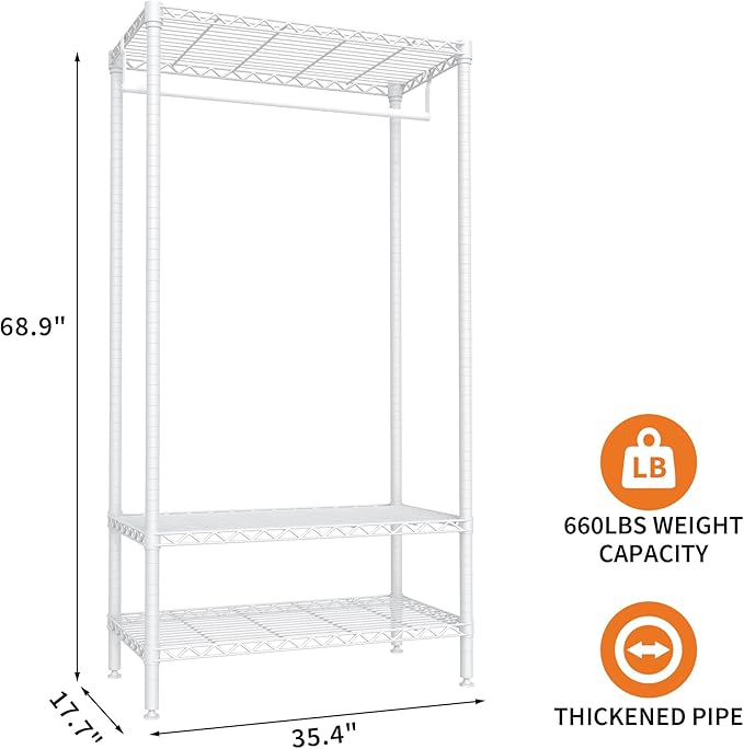 Heavy-Duty Clothing Rack with Adjustable Wire Shelving, Freestanding Closet Organizer for Hanging Clothes, 660 lbs Load Capacity Metal Wardrobe Storage, 17.72" D x 35.43" W x 68.9" H