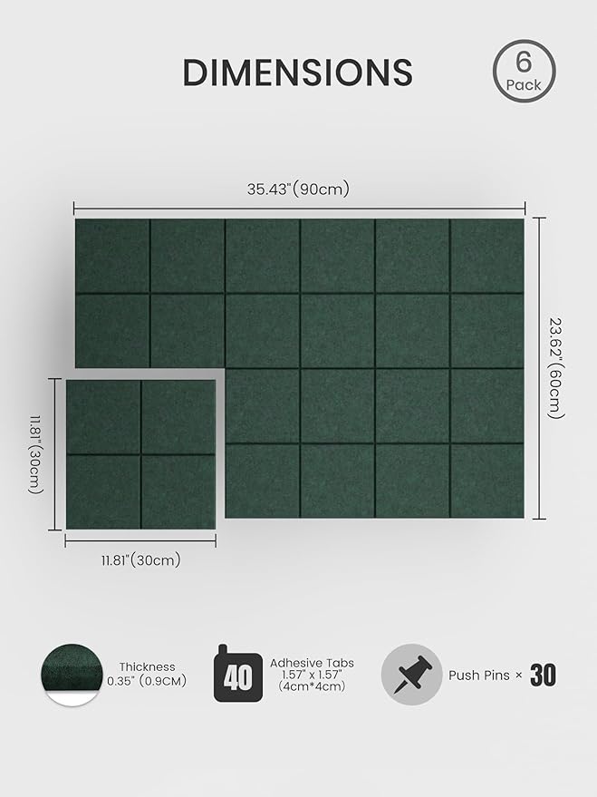 Bumusty Large Felt Bulletin Board 48" x 36" Cork Board Alternative - 6 Pack with 40 Safe Removable Adhesive Tabs, Cork Boards for Walls Cork Board for Home Office Classroom Pin Board (Aurora Green)
