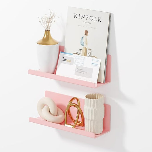 Adhesive Floating Shelves for Wall No Drilling, 12 Inch Acrylic Self Adhesive Shelves, Stick on Shelves, Dorm Wall Shelf, for Bathroom, Kitchen, Bedroom, Office, Gaming Room, Pink