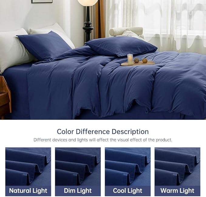 JELLYMONI Cotton Duvet Cover Queen Size - 100% Washed Cotton Linen Like Textured Comforter Cover, 3 Pieces Breathable Soft Bedding Set with Zipper Closure (Navy Blue, Queen 90"x90")
