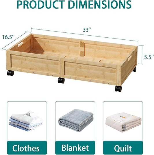 Bamboo Under Bed Storage Containers, Rolling Underbed Organizer with Wheels, Sturdy Under the Bed Shoe Storage Bins, Stackable Underbed Drawers for Bedroom Closet Clothing Toy 2 Packs (Natural, Large)