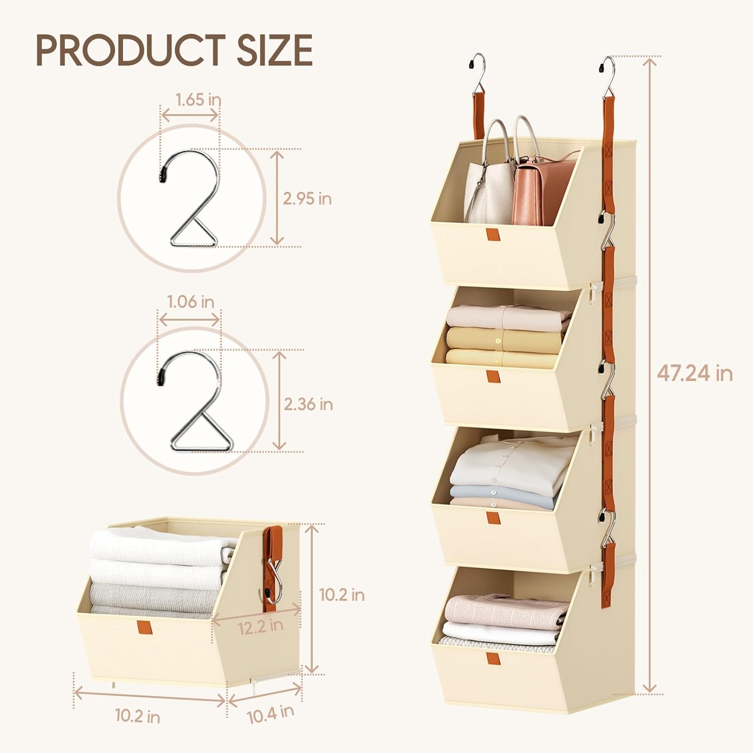 Homsorout Hanging Closet Organizer 4 Tier - Clothes Hanging Shelves, Space-Saving Closet System, Fabric Storage Bins Bedroom Organization, Collapsible Baskets for Home, Dorm, Rv, Beige Dormly