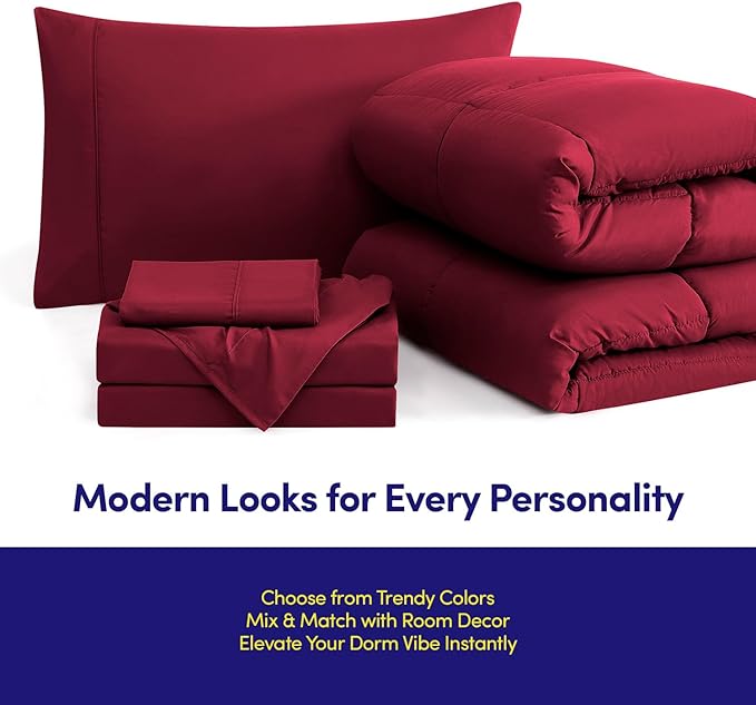 Dorm Room Essentials College Bedding Comforter Set 5 Piece Twin XL Size Bed in a Bag for College Students Boys and Girls, Twin XL, Red