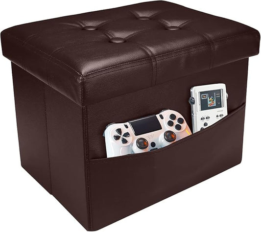 AmasSmile Storage Ottoman Folding Foot Rest Stool with Side Pocket, 16 inch Leather Footstool Bench, Short Ottoman Bench, Storage Foot Rest Store, Books, Brown