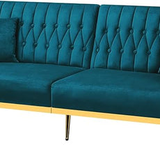 70” Velvet Futon Sofa Bed w/Adjustable Armrests and Backrest, Convertible Futon Couch w/2 Pillows, Modern Sleeper Bed for Living Room, Bedroom, Teal