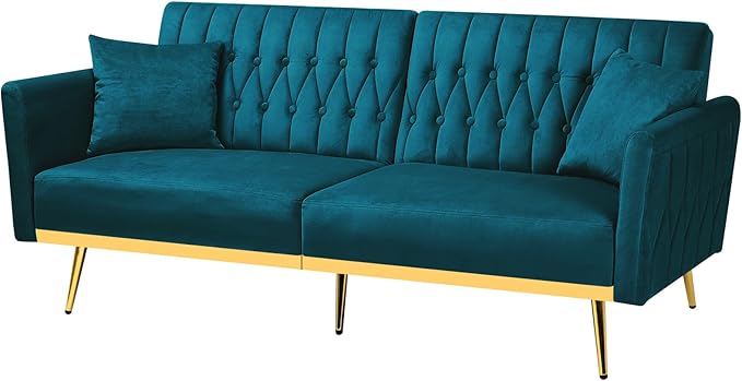 70” Velvet Futon Sofa Bed w/Adjustable Armrests and Backrest, Convertible Futon Couch w/2 Pillows, Modern Sleeper Bed for Living Room, Bedroom, Teal