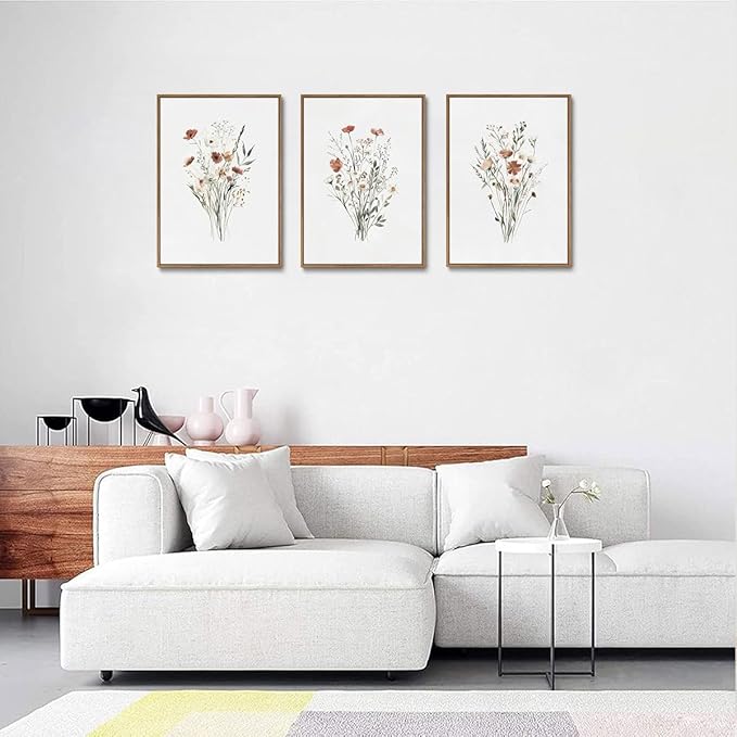 KISSFOX Framed Wildflower Wall Art Floral Canvas Wall Art Flower Pictures Wall Decor Watercolor Daisy Botanical Paintings Set of 3 for Bedroom Bathroom Living Room