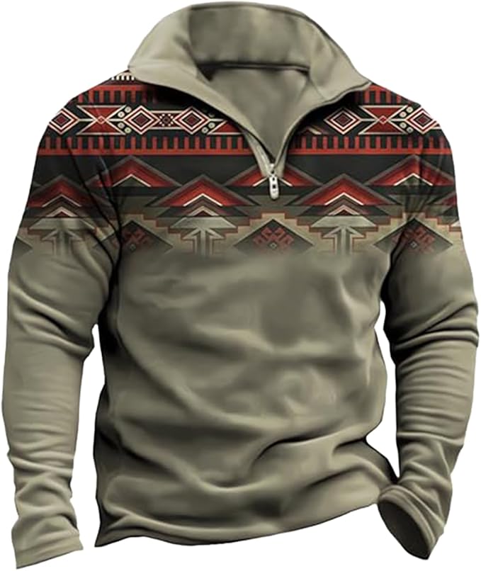 Western Sweatshirts for Men Aztec Cowboy Vintage Graphic Fleece Hoodie Mens Quarter Zip Pullover Country Jacket