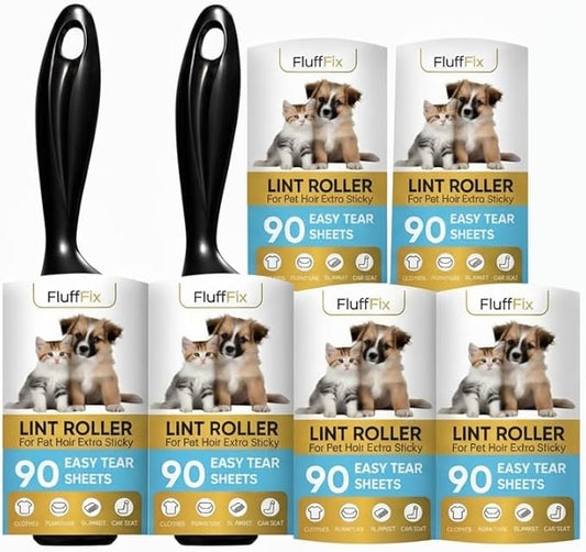 Extra Sticky Lint Roller Set 6 Pack 540 Sheets Wide Lint Remover Refills with 2 Easy Grip Handles Pet Hair Remover for Clothes Furniture Car Seats Bedding Couch Carpet and Laundry