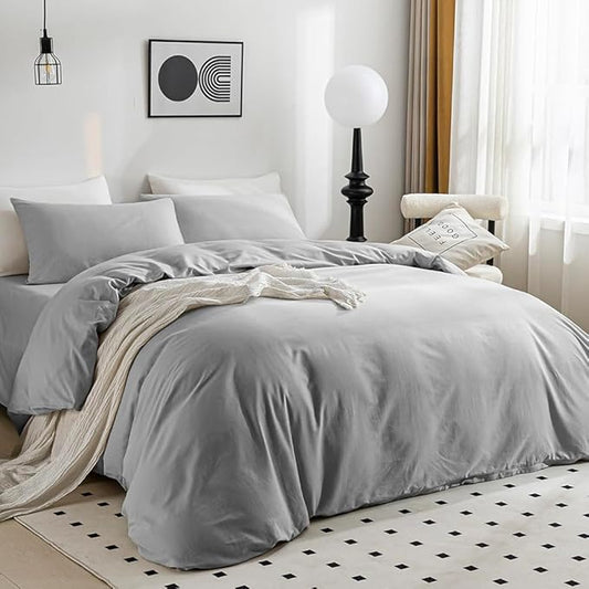JELLYMONI Cotton Duvet Cover Queen Size - 100% Washed Cotton Linen Like Textured Comforter Cover, 3 Pieces Breathable Soft Bedding Set with Zipper Closure (Light Gray, Queen 90"x90")