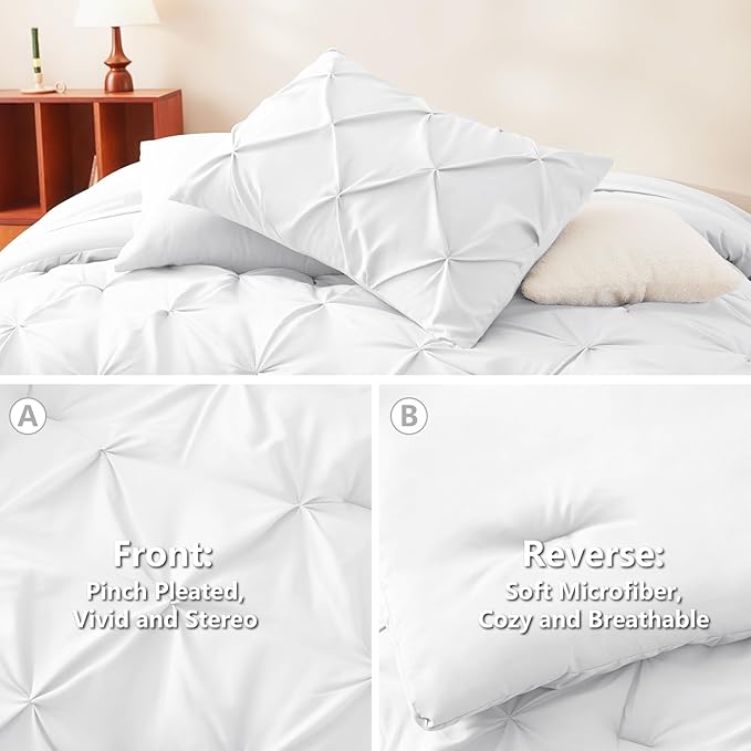 CozyLux Full Size Comforter Sets White, 7 Pieces Pintuck Bed in A Bag White Comforter Full Size, Pinch Pleat Bedding Sets with All Season Comforter, Sheets, Pillowcases & Shams