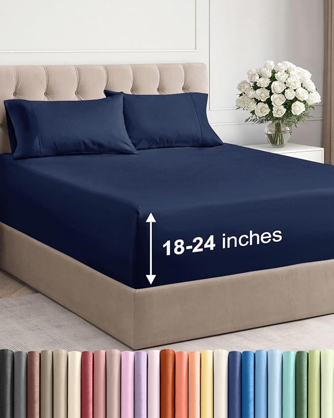 Extra Deep Pocket Cal King Sheets - 4 Piece Breathable & Cooling Bed Sheets - Hotel Luxury Bed Sheet Set - Soft, Wrinkle Free & Comfy - Easily Fits Extra Deep Mattresses - Deep Pocket Navy Blue Sheets