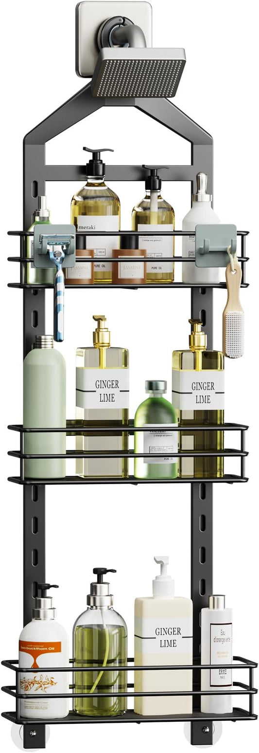 Orimade Adjustable Anti-slip Shower Caddy over Head, Rustproof Bathroom Hanging Organizer with 2 Hooks for Razor, No Drilling Shower Shelves Storage Rack 3 Tier, Black