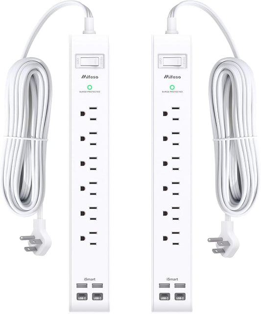 2 Pack Power Strip Surge Protector, Flat Plug Extension Cord with 4 USB Ports(2 USB-C) 6 AC Outlets, USB Charging Station, Wall Mountable for Home, Office, Dorm Essentials, 1080J, ETL Listed