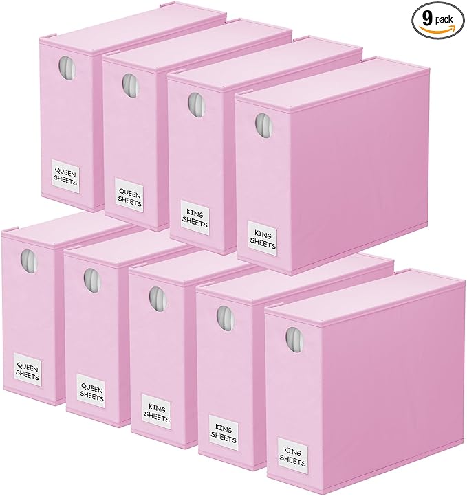 SpaceAid 9 Pack Bed Sheet Organizers and Storage, Foldable Sheet Organizer with Window for Linen Closet, Set Folder Keeper for Queen & King Size Bedding Storage (Pink)