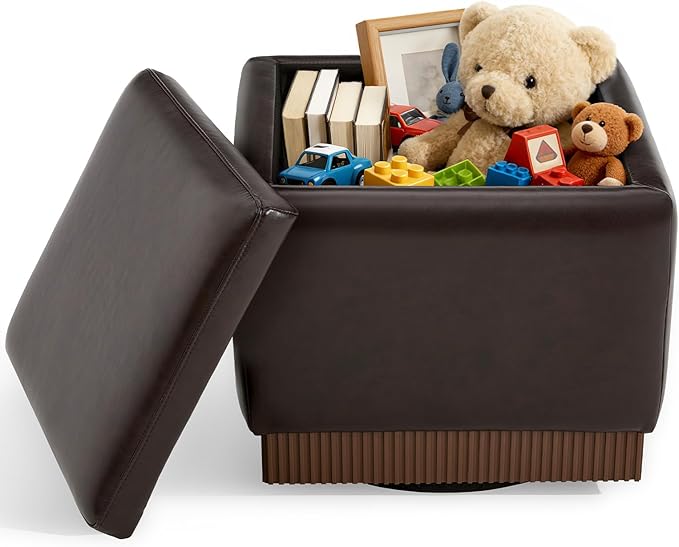 Square Ottoman with Storage,Swivel Vanity Stool-Faux Leather Foot Rest,Upholstered Footstool Pouf with Sturdy Acacia Wood Frame(500lbs),Small Coffee Table & Hidden Storage for Living Room