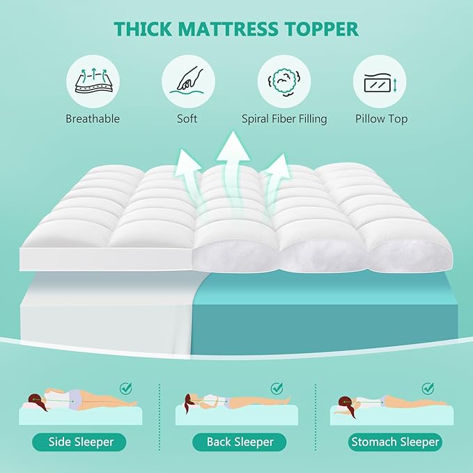Twin XL Mattress Topper - Extra Thick Mattress Pad Cover - Pillow Top with Soft Breathable Spiral Fiber Filling, 8-21 Inch Deep Pocket, Cooling, White