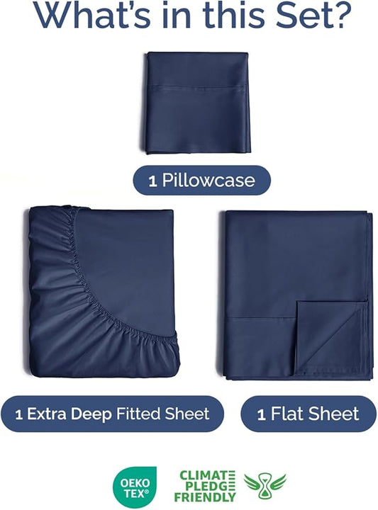 Extra Deep Pocket Twin XL Sheets - 3 Piece Breathable & Cooling Bed Sheets - Hotel Luxury Bed Sheet Set - Soft, Wrinkle Free & Comfy - Easily Fits Extra Deep Mattresses - Deep Pocket Navy Blue Sheets
