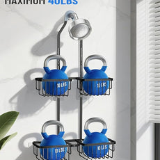 Adjustable Shower Caddy Hanging for Handheld Showerheads - Never Rust Shower Hanging Organizer, Upgraded Bathroom Shower Rack with Soap Basket, Hooks and Toothbrush Holder (Black)