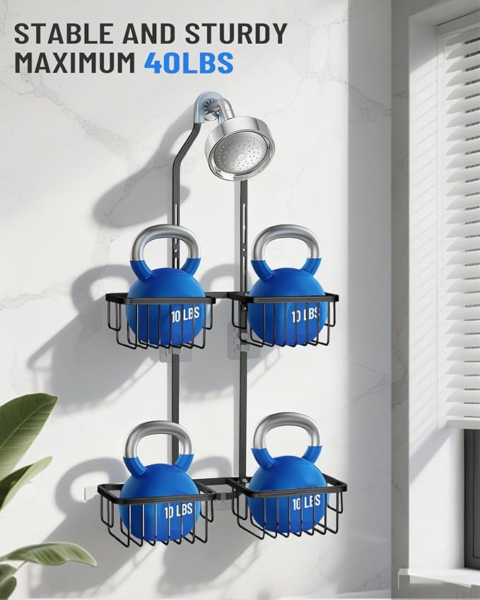 Adjustable Shower Caddy Hanging for Handheld Showerheads - Never Rust Shower Hanging Organizer, Upgraded Bathroom Shower Rack with Soap Basket, Hooks and Toothbrush Holder (Black)