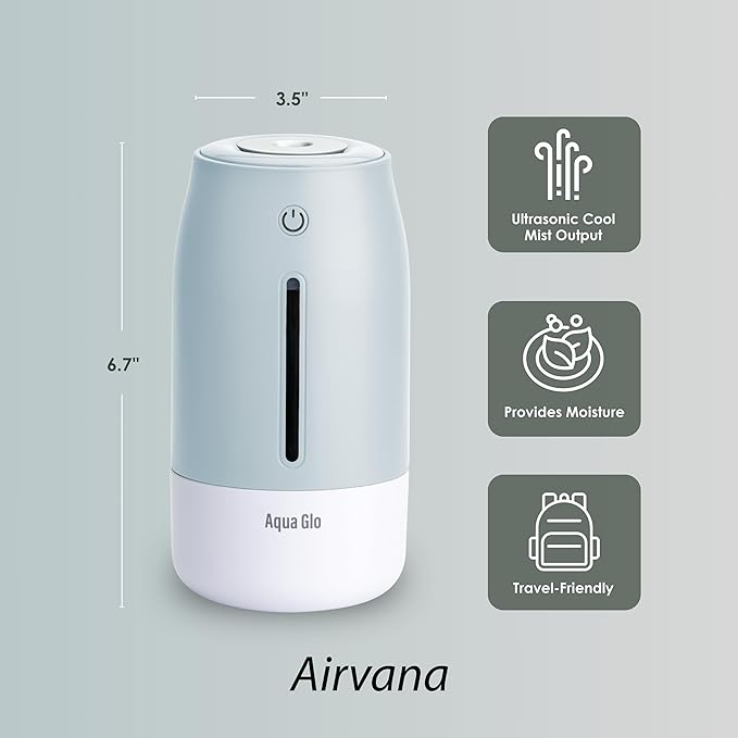 Aqua Glo Personal Humidifier – Ultrasonic Cool Mist, Rechargeable Battery for 15 Hours Use, 2-Cup Water Tank, Quiet Operation. Ideal for Travel, Office, Bedroom, Plants, and Home. Blue Mist