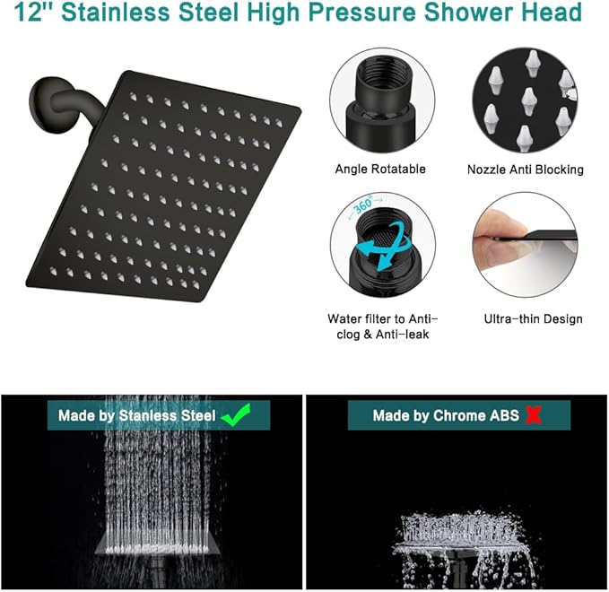 Shower Head, 12‘’ High Pressure Rainfall/Handheld Shower Combo with 11'' Extension Arm, 9 Settings, Anti-leak Shower Head with Holder, Height/Angle Adjustable, Matte Black