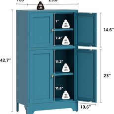 Bathroom Floor Storage Cabinet, Freestanding Accent Cabinets with 4 Doors and 2 Adjustable Shelves,Blue Metal Locker Cabinets for Restroom, Kitchen,Living Room,Hallway