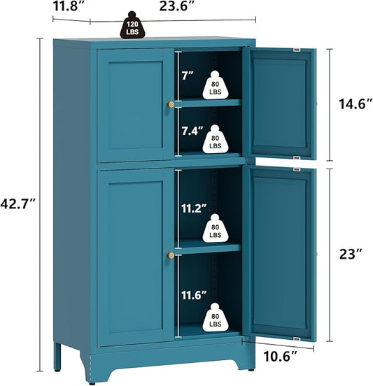 Bathroom Floor Storage Cabinet, Freestanding Accent Cabinets with 4 Doors and 2 Adjustable Shelves,Blue Metal Locker Cabinets for Restroom, Kitchen,Living Room,Hallway