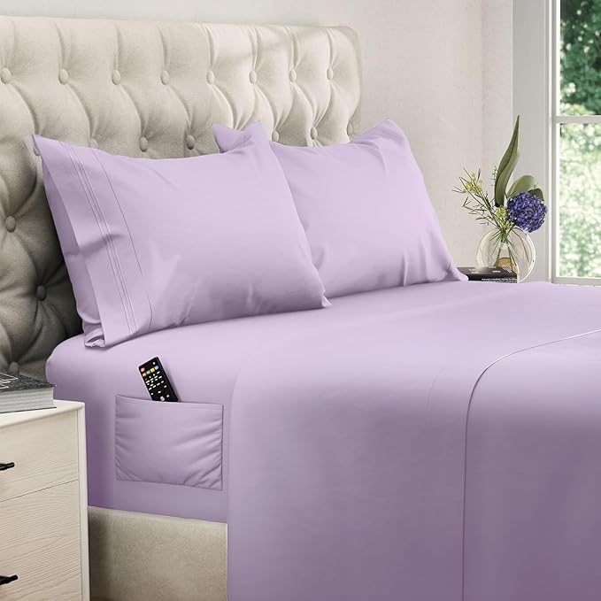 DREAMCARE King Size Sheets Set - Cooling Bed Sheets - 4pcs Set - up to 15" Deep Pocket King Sheet Set – Soft & Long Lasting Cooling - 100% Fine Brushed Microfiber with Side Pocket - Lavender DREAMCARE