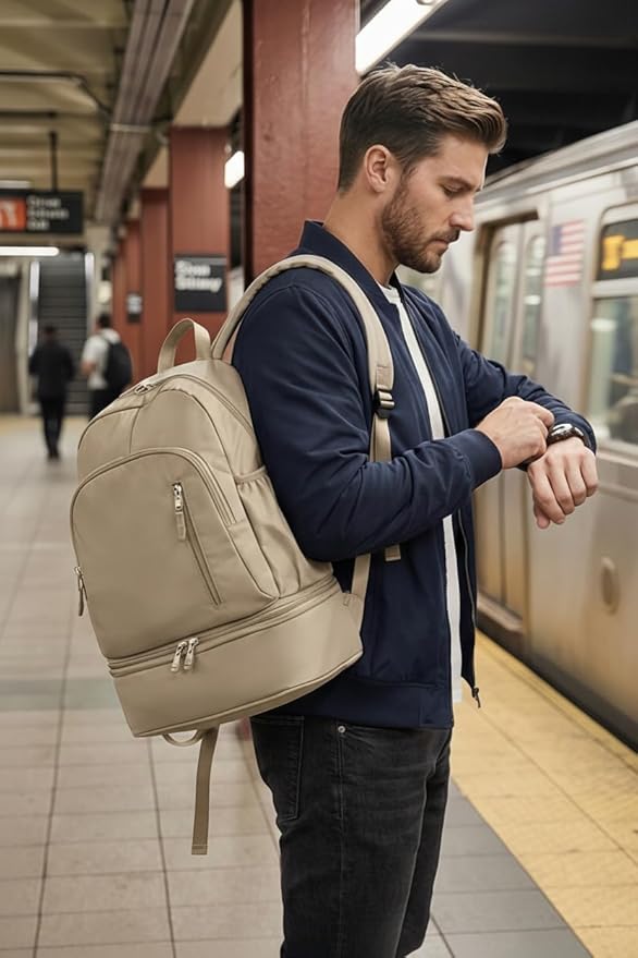 Unisex Lightweight Expandable Gym Backpack with Shoe Compartment, Waterproof Travel Bag for 14" Laptop Grey