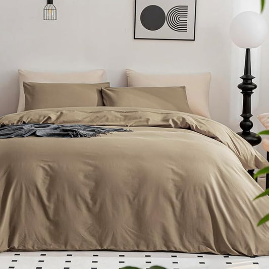 JELLYMONI Khaki Duvet Cover Full Size - 100% Washed Cotton Linen Feel Textured Comforter Cover, 3 Pieces Breathable Soft Bedding Set with Zipper Closure (Khaki, Full 80"x90")
