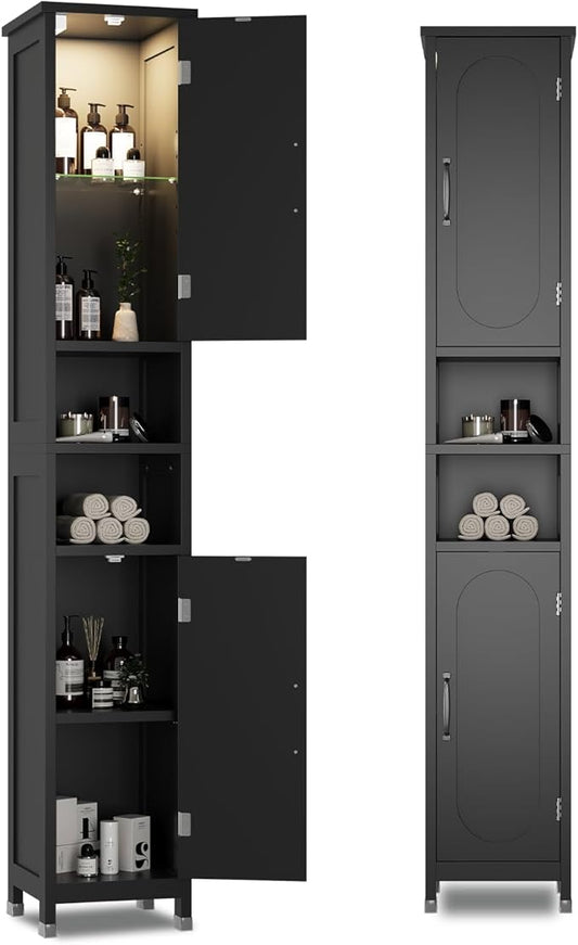 67" Tall Bathroom Storage Cabinet with Lights, Slim Narrow Bathroom Cabinet Organizer with Doors and Adjustable Shelves, Tall Cabinet for Small Space (66.9" Tall-Black with Light, 1 Pack)