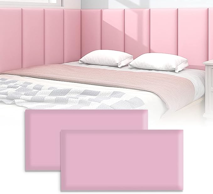3D Anti-Collision Wall Padding, Peel and Stick Upholstered Wall Panels, Queen Headboard, Playroom Decorative Protection, Pack of 2 Panels Sized 23.6' X 11.8' (Pink)
