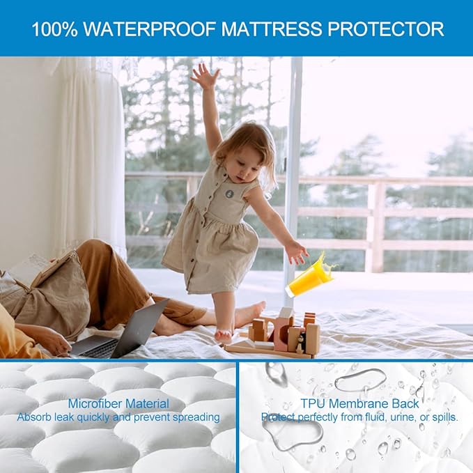 Twin XL Size Quilted Fitted Waterproof Mattress Pad, Premium Hollow Material Filling Mattress Protector, Breathable, Quiet, Cooling, Machine-Washable Mattress Cover with 21” Deep Pocket