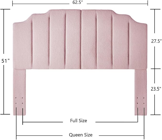 24KF Pink Teddy Fabric Tufted for Queen Upholstered Headboard, Modern Vertical Channel Design Full Headboard with Stepped Silhouette Top Edge,6026-Q-Teddy Pink
