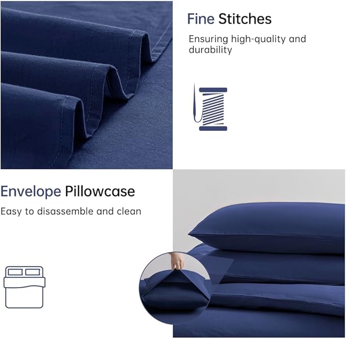 JELLYMONI Cotton Duvet Cover Queen Size - 100% Washed Cotton Linen Like Textured Comforter Cover, 3 Pieces Breathable Soft Bedding Set with Zipper Closure (Navy Blue, Queen 90"x90")